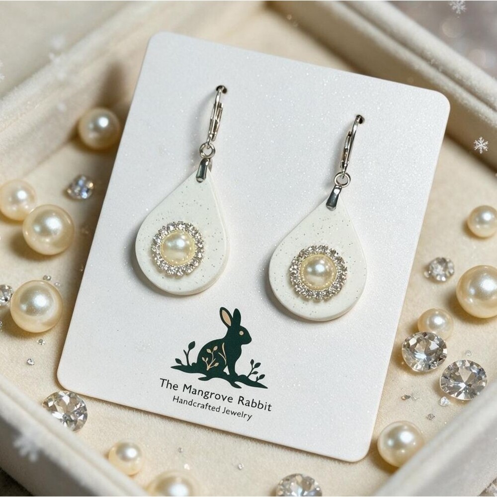 Handmade Frost White Faux Pearl Rhinestone Polymer Clay Holiday Dangle Earrings